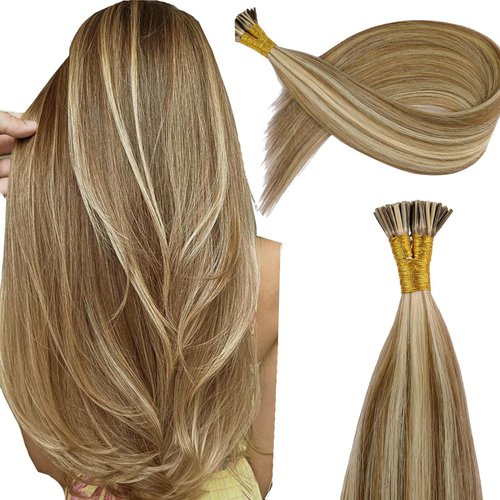 KiiKiiGirl Virgin Remy I Tip Hair Extensions Human Hair Chocolate Brown to Caramel Blonde Real Itip Human Hair Extensions 20Inch Pre Bonded I Tips Human Hair Extensions Invisible For Women 30G/Pack