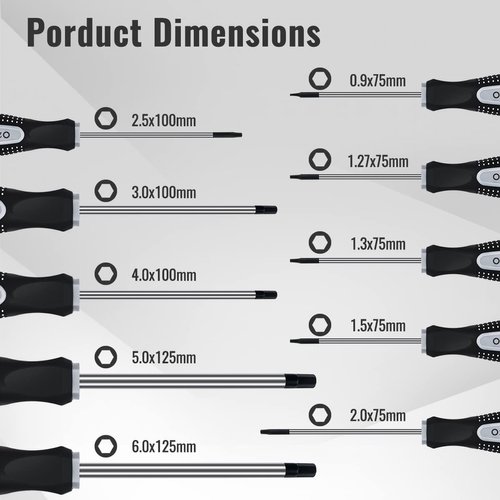 Hex Allen Wrench Screwdriver Set (10 Pack in Precision & Standard Metric Sizes 0.9mm 1.27mm 1.3mm 1.5mm 2.0mm 2.5mm 3.0mm, 4.0mm, 5.0mm, & 6mm) - Perfect for RC Cars, Quadcopters, & Helicopters