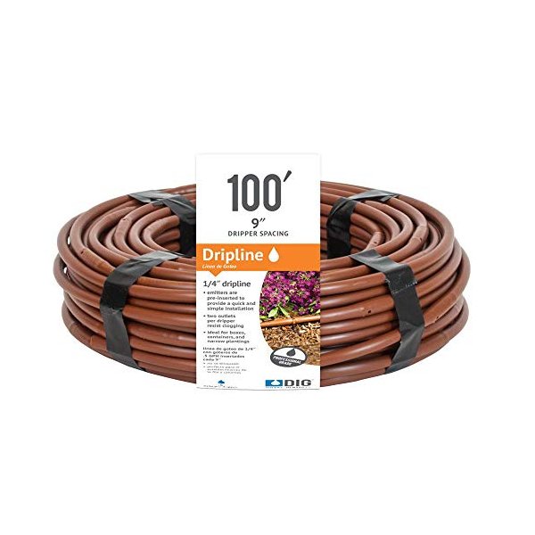 DIG ¼” 100’ MICROLINE™ Dripline - Enhanced 9” Emitter Spacing, UV-Resistant, Perfect for Diverse Garden Layouts (Brown) SHB109