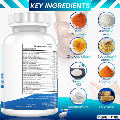 Beard Growth Supplement - Hair Growth Vitamins for Men (60 Capsules) - 5000 MCG Biotin & DHT Blocker for Hair Loss Treatment - Beard Pills for Thicker, Stronger Hair