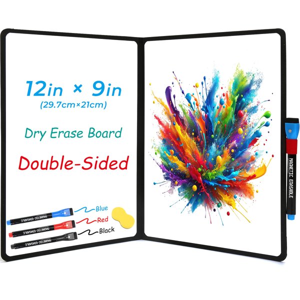 iNenya Double-Sided Whiteboard - Portable, 12" x 9" Dry Erase Boards with 3 Markers, Eraser and Stylish Red Elastic Pen Tray for Office, Education and Home (Black)