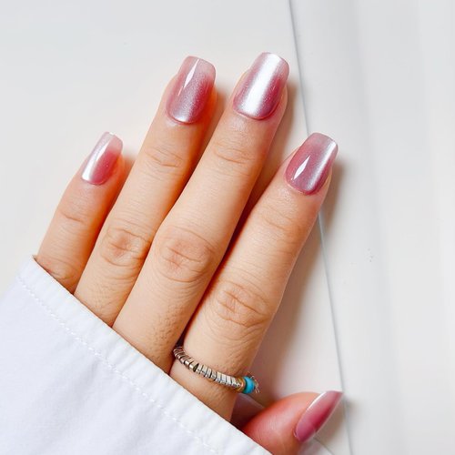 Kliveco 30Pcs Pink Aurora Cat Eye Press on Nails - Handmade Soft Gel Fake Nails with Glue | Semi-Transparent, Short Square Stick On Nails, Reusable & Fit Perfectly | 15 Sizes - 30 Nail Kit