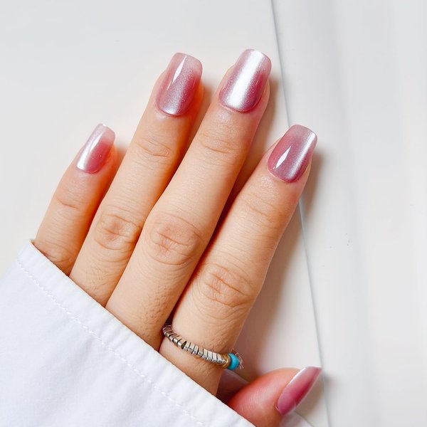Kliveco 30Pcs Pink Aurora Cat Eye Press on Nails - Handmade Soft Gel Fake Nails with Glue | Semi-Transparent, Short Square Stick On Nails, Reusable & Fit Perfectly | 15 Sizes - 30 Nail Kit