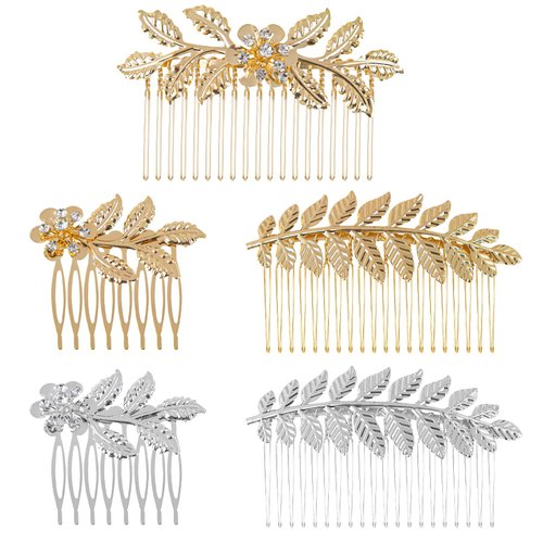 Framendino, 5 Pack Twist Flower Hair Comb Clips Gold Silver Rhinestone Hair Comb Metal Leaf Hair Side Combs Wedding Bridal Jewelry Hair Clips for Women