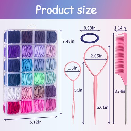 360PCS Elastic Hair Ties, Small Ponytail Holders with Clear Organizer Box, No Crease Hair Ties for Kids Girls Baby Toddle, 24 Colors Hair Ties with Hair Tail Tools, Rat Tail Comb, Kids Hair Accessory