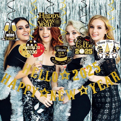 Gold Glitter Hello 2025 Happy New Year Banner 2025 New Years Banner New Year Eve Banner 2025 for Happy New Year Party Decorations 2025, New Years Eve Party Supplies 2025