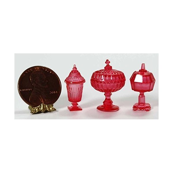 Dollhouse Miniature Chrysnbon Set of 3 Candy Jars in Cranberry