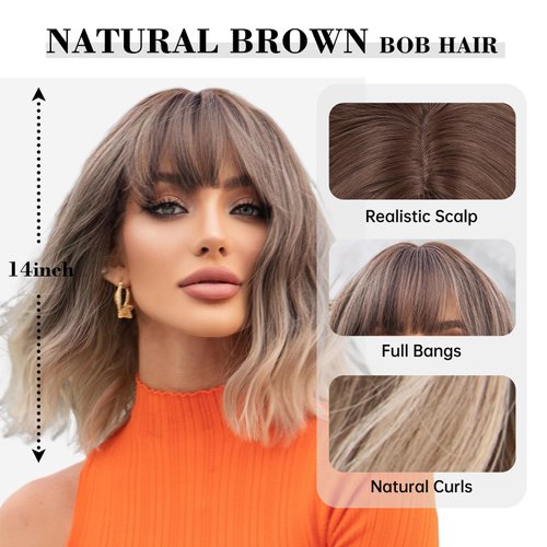 testar Brown Bob Wigs with Bangs Short Ombre Ombre Blonde Wigs for White Women Short Wavy Curly Bob Wigs Natural Synthetic Wigs for Girls Daily Cosplay 14 IN