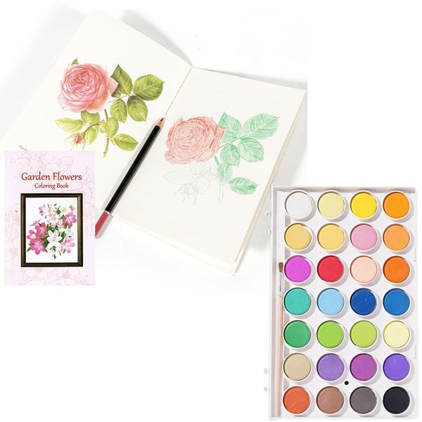 RGBMIX Watercoloring Book 10 Sheets Flower Painting Papers with 28 Paint Water Coloring Pad Paint Stress-Relief Painting Pad Art Painting Supplies