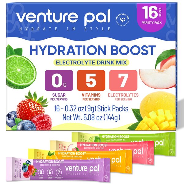 Venture Pal Sugar Free Electrolyte Powder Packets - Liquid Daily IV Hydration Packets | Electrolytes Drink Mix with 5 Vitamins & 7 Electrolytes | Keto Friendly | Non-GMO | Certified Vegan | 16 Sticks