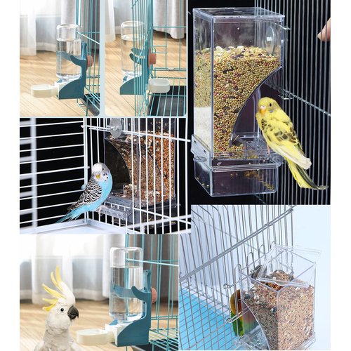 Kenond No Mess Bird Feeder Water Dispenser Set, Automatic Parrot Feeder Cage Accessories, Clear Parakeet Seed Container Food Feeder Drinker for Cage, Cockatiel Squirrel Finch Lovebirds Budgies Canary