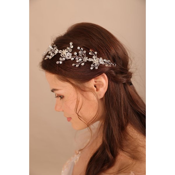 BERYUAN Silver Flower Crystal Headband Crystal Beads Hair Piece Silver Wedding Hair Accessories Bridal Heaband for Wedding for Brides Bridesmaid