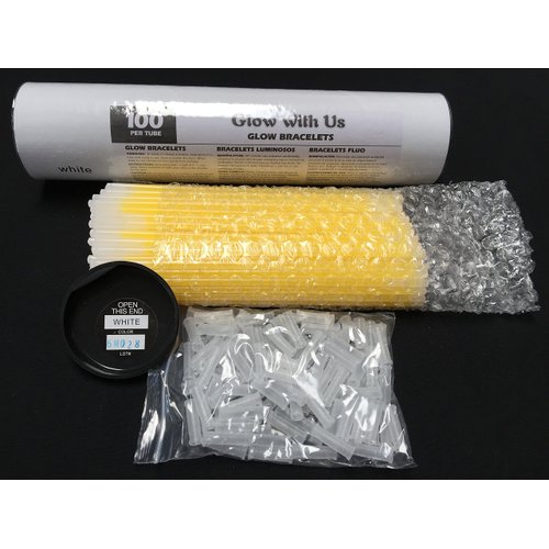 Glow Sticks Bulk Wholesale Bracelets, 100 8” White Glow Stick Glow Bracelets, Bright Color, Glow 8-12 Hrs, 100 Connectors Included, Glow Party Favors Supplies, Sturdy Packaging, GlowWithUs Brand