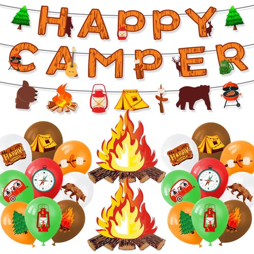 Camping Themed Party Decorations, Happy Camping Banner and 3D Bonfire with Camping Theme Latex Balloon for Teenagers Adventurer Hiking Camping Party Decoration