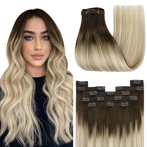 YoungSee Long Clip in Hair Extensions Ombre Blonde Clip in Human Hair Extensions Dark Brown Ombre Mix Blonde Balayage Clip in Extensions Real Human Hair Ombre Hair Extensions Clip ins 120G 22Inch 7Pcs