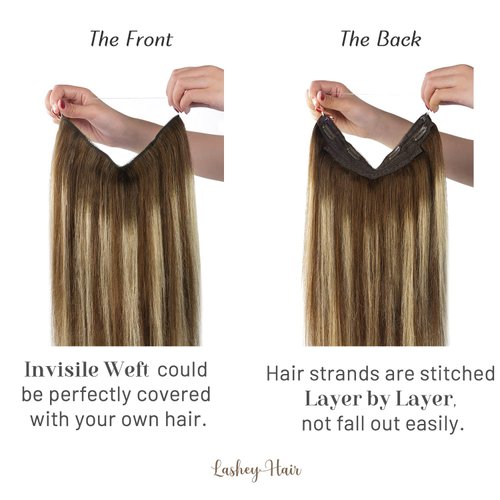 Wire Hair Extensions, 20 inch 110g Chocolate Brown with Honey Blonde Invisible Wire Fish Line Hair Extensions Straight Lashey Real Human Hair Extensions for women Remy Human Wire Hair Extensions