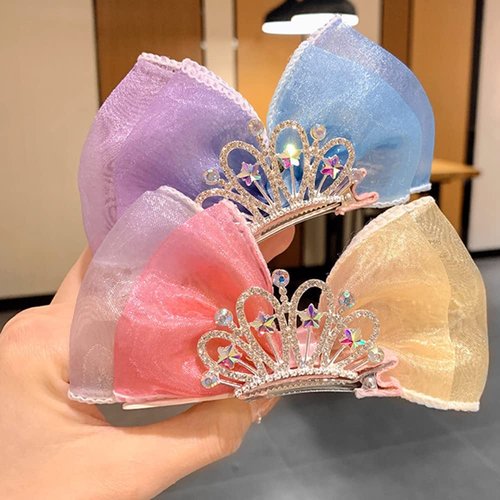 2pcs Mermaid Unicorn Colored Hair Bow Clip for Girls, Iridescent Princess Crown Hair Clip Hair Pin, Sparkly Pink Blue Hairpin Girls Cosplay Birthday Gift Hair Accessories