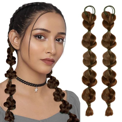 RUSTAMM Bubble Ponytail Wig Synthetic Braided Extensions with Hair Ties Hair Band Hairpieces for Women Girls DIY Daily Wear Hair Accessories (Light Brown)