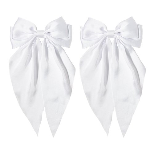 White Hair Bow for Women- Furling Pompoms Pack of 2 Satin Big White Bow Hair Clip for Girls Long Ribbon Alligator Clip Hair Barrettes for Women,Hair Pieces Bridal Wedding Accessories