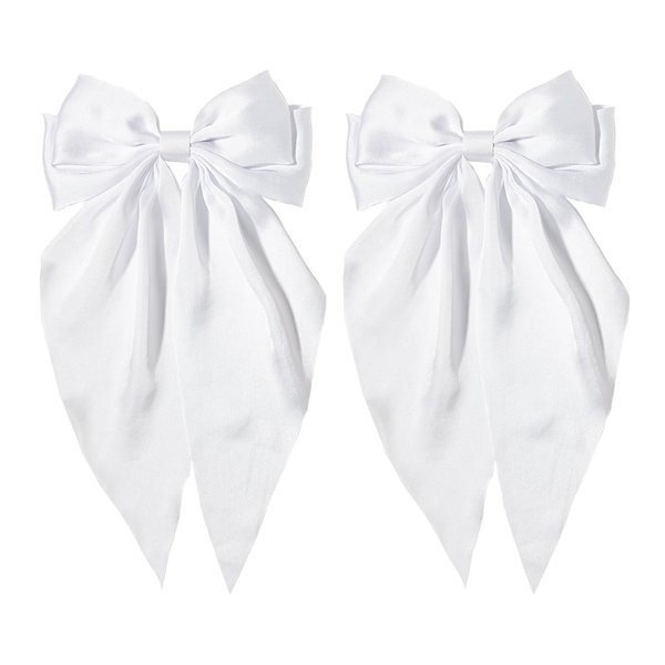 White Hair Bow for Women- Furling Pompoms Pack of 2 Satin Big White Bow Hair Clip for Girls Long Ribbon Alligator Clip Hair Barrettes for Women,Hair Pieces Bridal Wedding Accessories