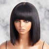SAYIDON Bob Wigs With Bangs Human Hair Light Yaki Straight Bang Bob Wigs Glueless 2X1 HD Lace Scalp Short Bob Bang Wig Wear and Go Blunt Cut Bob Wigs For Women Natural Color 180 Density 10 inch
