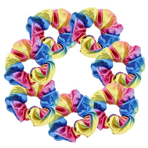7 Pcs Shiny Metallic Cheer Dance Colorful Party Favor Hair Scrunchies School Performance/Sports/Practice/Party Sparkling Color Scrunchie Ponytail Holder Wrist for Girls Cosplay Show (Rainbow Colour)