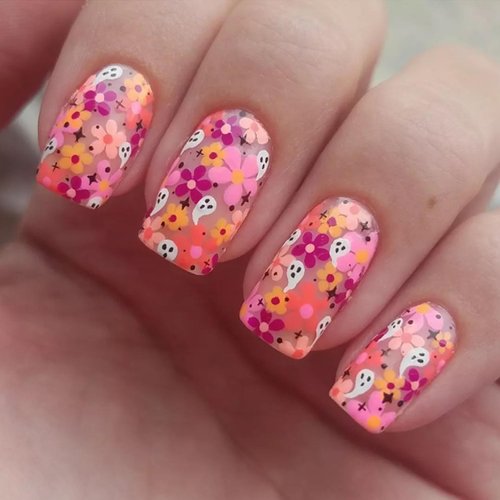 24Pcs Halloween Press on Nails Medium Square Ghost Fake Nails Colorful Flower Ghost Full Cover Glue on Nails Artificial Cute Halloween False Nails Stick on Nails for Women Girls Acrylic Decorations