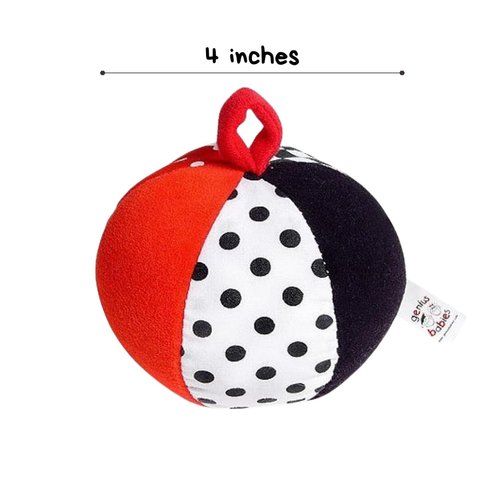 Genius Baby Toys Soft Plush Ball for Baby in High Contrast Colors Black, White, Red - Jingle Bell Chime Sound - 4" Diameter is Perfect Size for Small Hands