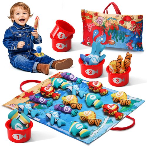 OLIBUY Montessori Toys for 1 Year Old Toddler - 22 Pcs Cloth Fishing Game for Toddlers 1-3 with Stacking Cup, Number Counting, Color and Shape Sorter Learning for Toddler Boy Girl