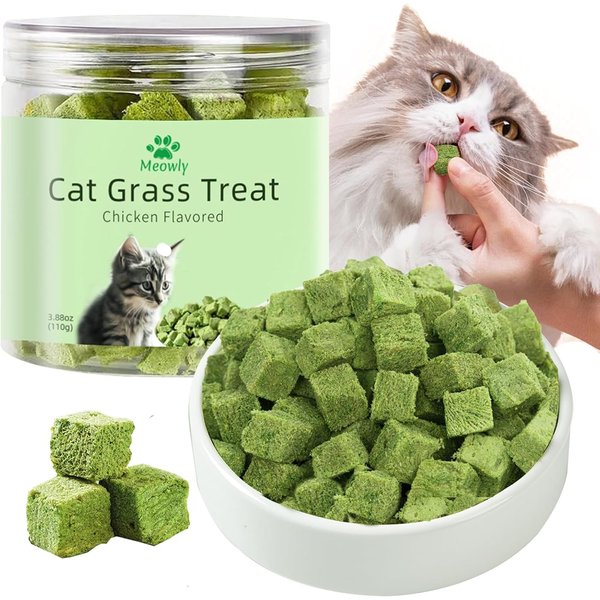Meowly 110g Cat Grass Treats for Cat, Cat Grass Cube, Natural Dried Cat Grass Teething Stick Snacks for Cats, Edible Cat Chew Toys for Teeth Cleaning and Hairball Removal
