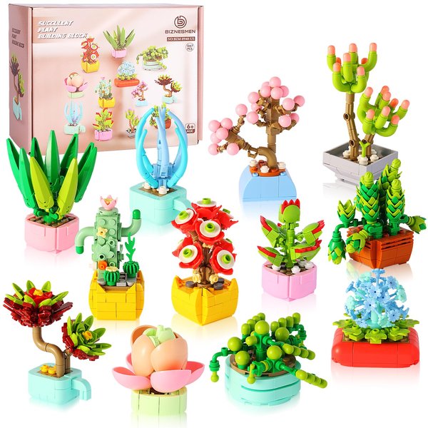 BIZNESMEN 1067 PCS Succulent Flower Building Set, 12 Beautiful Potted Plants, Ideal for Birthday Parties, Family Gatherings for Girls and Boys Ages 6, 7, 8, 9, 10, 11, 12 and up!