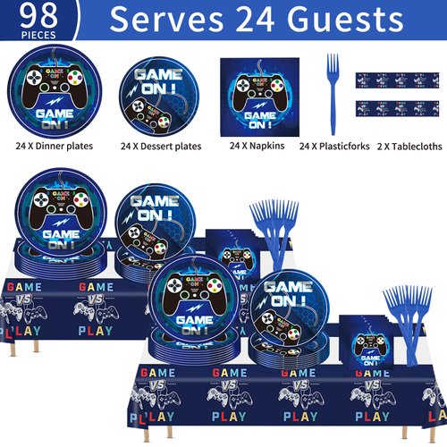 Gamer Birthday Party Decorations,98 Pcs Of Video Game Birthday Decorations,Including Dinner Plates,2 Game Tablecloths,Paper Cups,Forks,And Other Video Game Party Supplies , Serving 24 Guests (Blue)