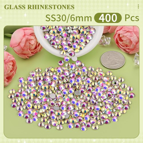 400PCS SS30/6mm Crystal Rhinestones (Crystal AB), Bedazzling Flatback Glass Rhinestones for Crafting DIY Nail Art Makeup Decoration, Gems Diomand Charms for Tumbler Shoes Clothing Mug