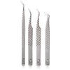 M LASH Tweezers for Eyelash Extensions (Set of 4) - Professional Lash Extension Tweezers - Fiber Tip, Japanese Steel, Diamond Grip Eyelash Extension Tweezer (Silver)