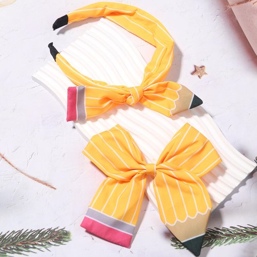 HIFANMM Back to School Headband For Girls, Yellow Pencil Bows Hair Clips Hair Accessories, Students Teachers Outfits Non Slip Hair Band for Girls First Day of School Supplies (Yellow, standard)
