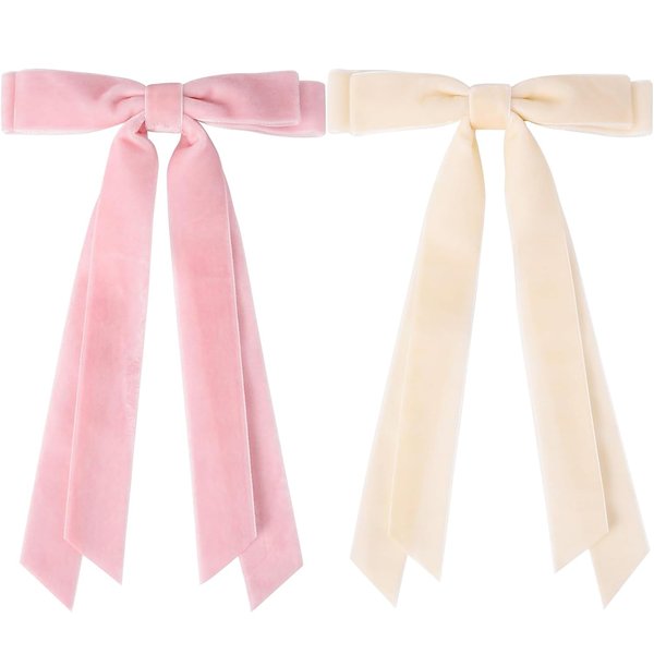2PCS Velvet Hair Bows Ribbon Hair Clips, Fall Alligator Hair Pins, Ponytail Holder Accessories Sides Metal Hair Bow Barrettes Hair Accessories for Women Girls Kids (Beige+Pink)