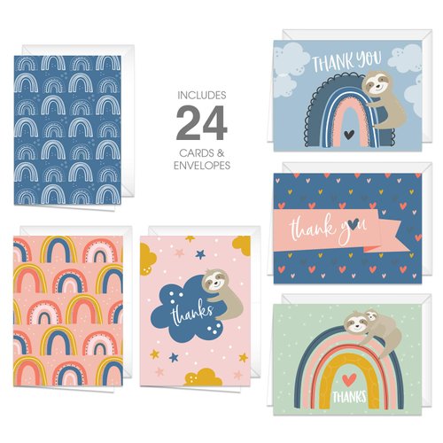 Canopy Street Thank You Cards With Happy Rainbow And Sloth Design / 24 Colorful Thank You Note Cards And Envelopes / 6 Cute Designs