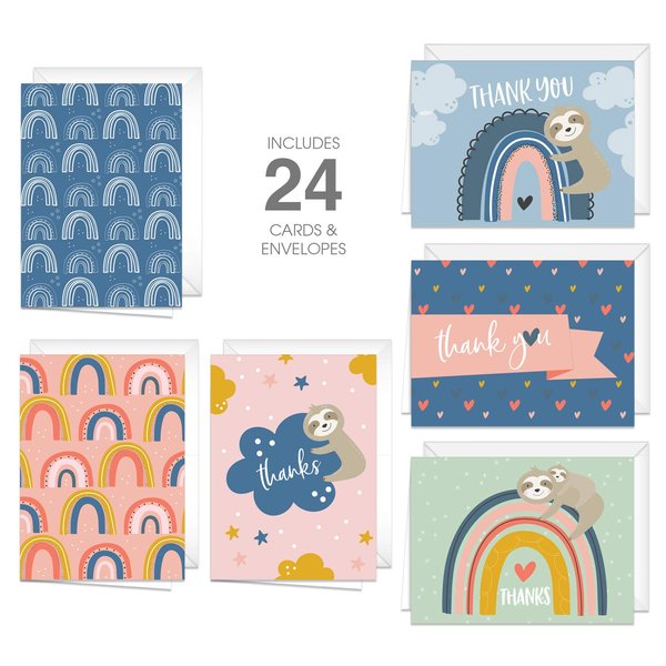 Canopy Street Thank You Cards With Happy Rainbow And Sloth Design / 24 Colorful Thank You Note Cards And Envelopes / 6 Cute Designs