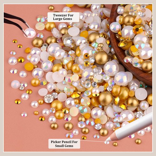 80g Flatback Pearls and Rhinestones for Crafting, White Brown 3-10mm Resin Rhinestones and Half Pearls for Bedazzling, Nail Art and Dec with 3pcs 10ml B7000 Jewelry Glue, Tweezer and Pickup Pencil