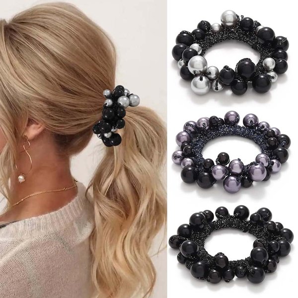Fashey Pearl Hair Ties Beaded Hair Scrunchies Elastic Ponytail Holder 3 Pcs Pearls Hair Bands Hair Accessories for Women (black,blue)