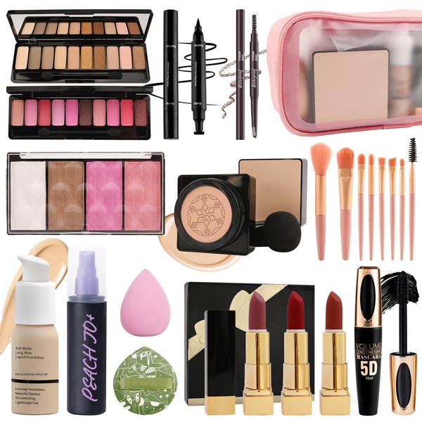 All In One Multipurpose Makeup Kit for Women,Travel Makeup Set,Makeup Gift Full Kit,Includes Foundation Eyeshadow Palette Lipstick Mascara Eyeliner Blusher Cosmetic Brush Set with Makeup Bag-Set B