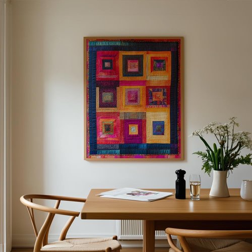(Unframed) (8x10 Inch) Satin Wall Art Print Of Expressionism Quilting Poster Art featuring a vibrant quilted wall hanging with geometric patterns - 1970s - Eco-Friendly Poster, Custom Decor for Home,