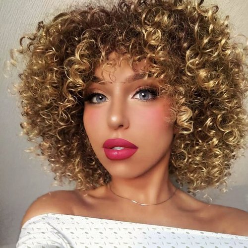 Onpep Afro Curly Wigs for Black Women Short Shoulder Length Kinky Wig with Bangs Brown Mixed Blonde Heat Resistant Wigs