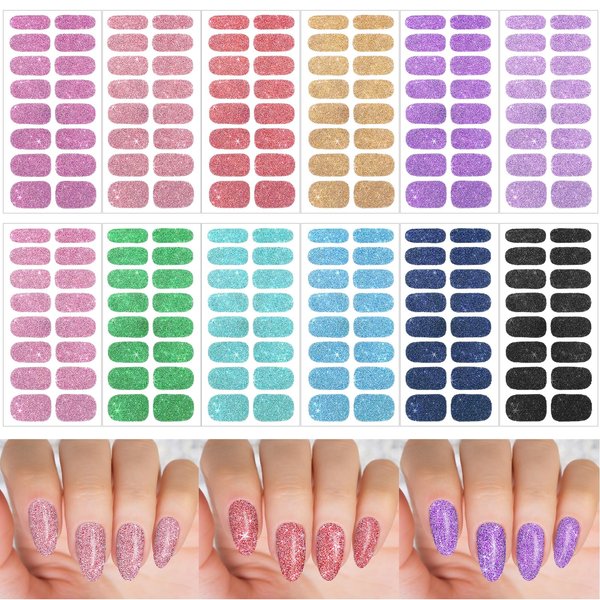 12 Sheets Glitter Nail Wraps, Nail Polish Strips Stickers, Shine Full Wrap Nail Polish Decals, Self-Adhesive Nail Art Decals Strips Manicure Kits Nail Art Designs for Women Girls
