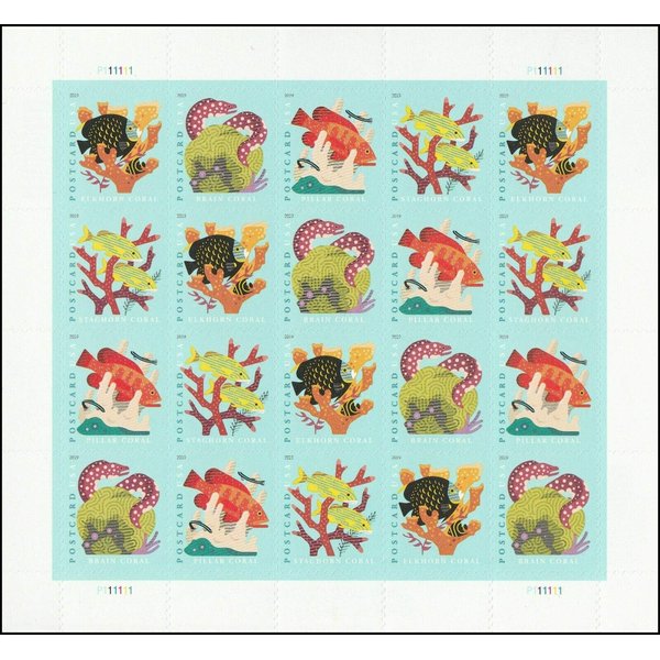 2019 Coral Reefs Postcard Rate Forever Sheet of Twenty Stamps Scott 5366