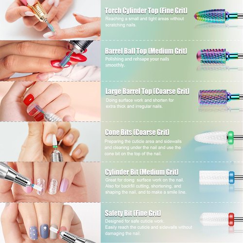13PCS Nail Drill Bits Set, 3/32” Professional Drill Bits Nail Tech, Tungsten Carbide Diamond Ceramic Efile Nail Bits with Brush, Cuticle Remover Bits for Acrylic Gel Dip Powder Nail Manicure