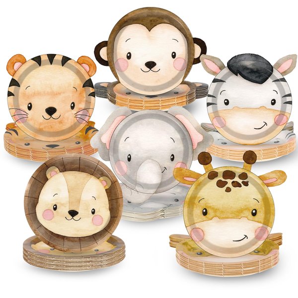 Naozinebi 60 Count Jungle Safari Birthday Party Plates Zoo Animal Disposable Paper Plates Safari Animals Themed Party Decorations Jungle Tableware for Baby Shower Favor Supplies