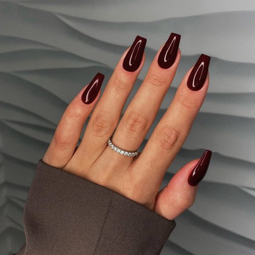 KQueenest Long Medium Press On Nails Coffin Nails Press Ons Gloss, More Burgundy Long Fake Nails For Women Girls, Thick Gel Square Tip Nails Acrylic False Nails Set, 24 Pcs