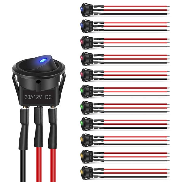Nilight 12pcs Rocker Toggle Switch 3Pins 12V 20A Wired Round LED Light Power On Off Switch SPST for Car Truck Vehicle Trailer RV Marine Boat Yacht with 36pcs Wires,2 Years Warranty