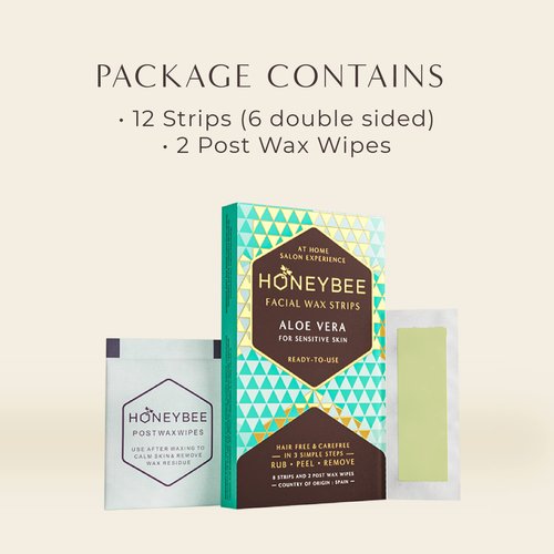 Honeybee Aloe Vera Facial Wax Strips | Waxing Strips for Women | Upper Lips, Chin, Fingers & Toes Hair Removal | For Sensitive Skin | 12 Strips, 2 After Care Wipes Free